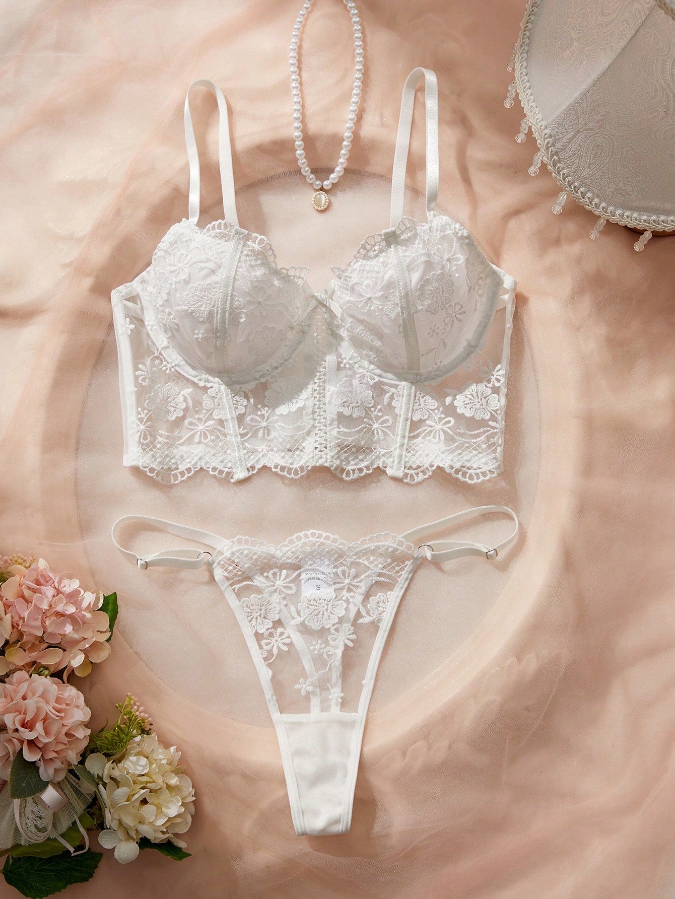 2 pièces/Set Ensemble de soutien-gorge et culotte romantique et long de femme en blanc