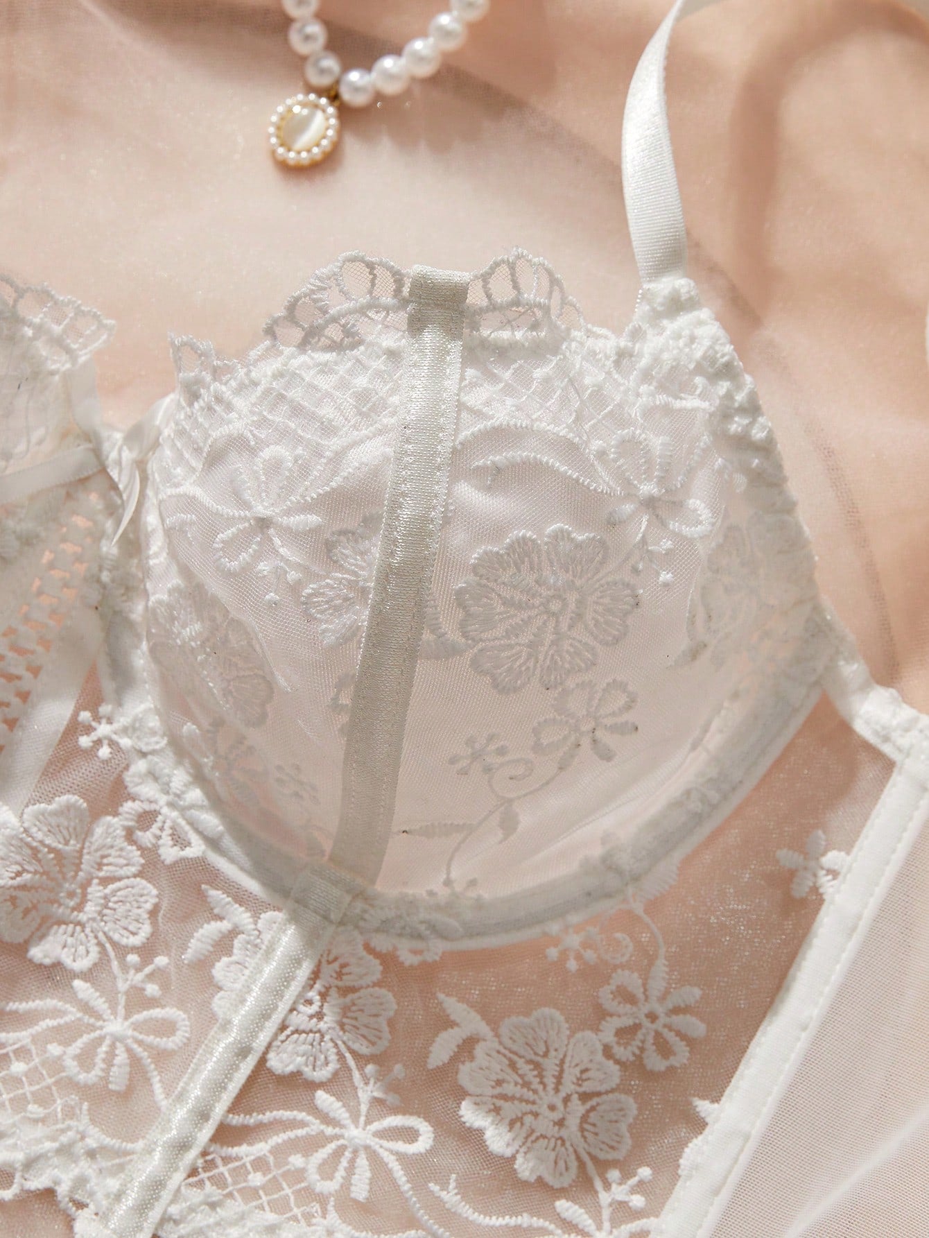 2 pièces/Set Ensemble de soutien-gorge et culotte romantique et long de femme en blanc