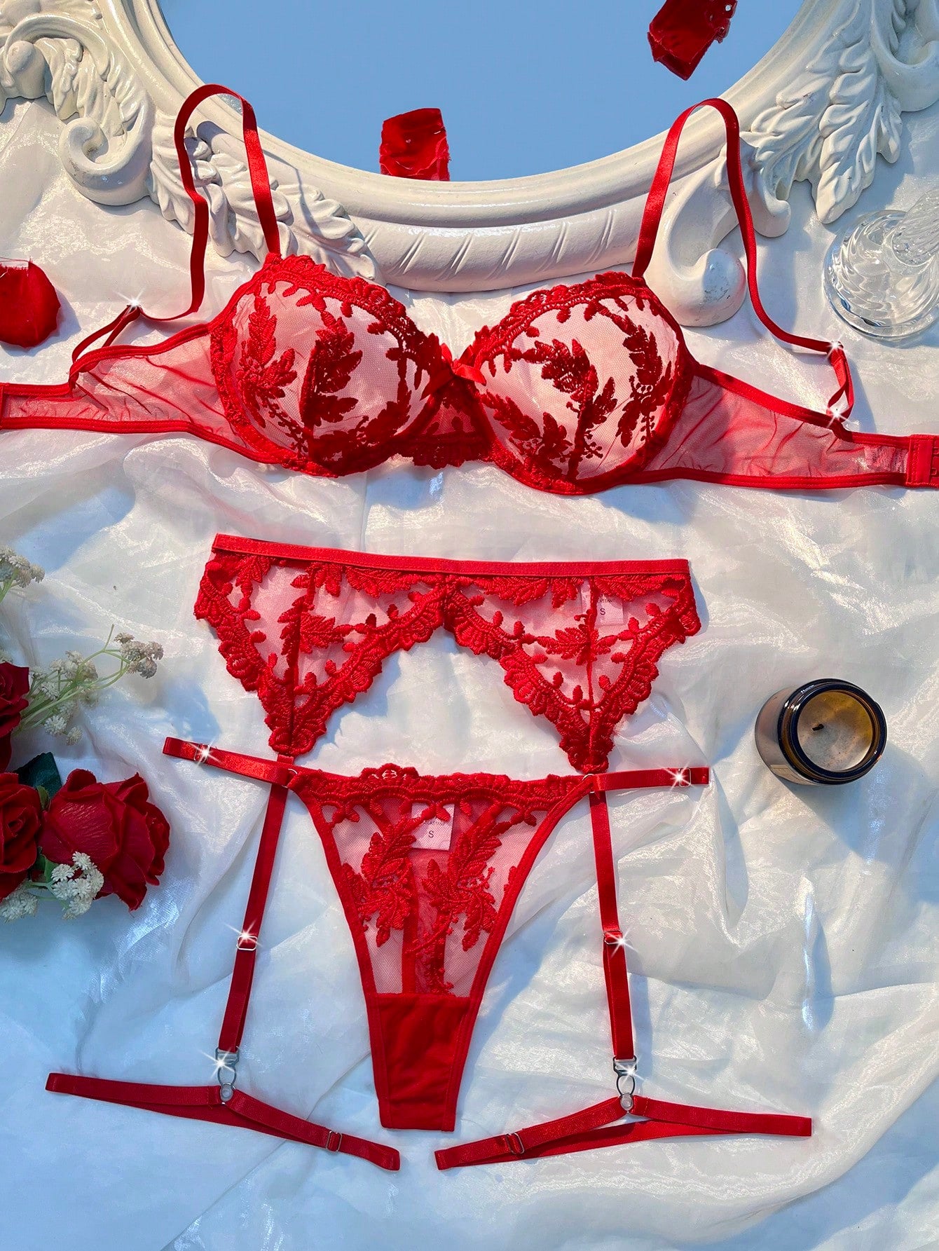 5 pièces/Set Ensemble de lingerie sexy en maille brodée florale pour femmes pour sortir