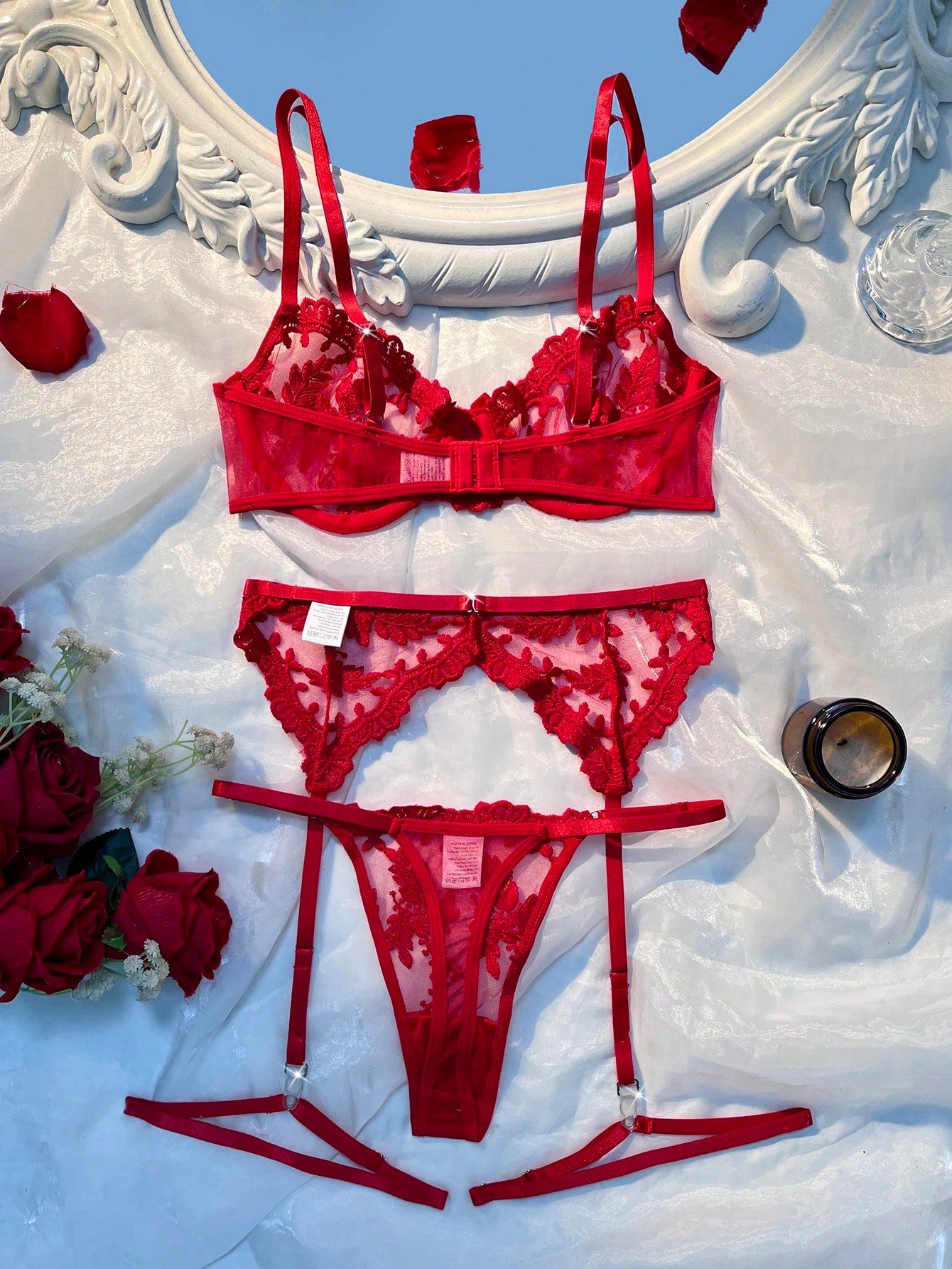 5 pièces/Set Ensemble de lingerie sexy en maille brodée florale pour femmes pour sortir
