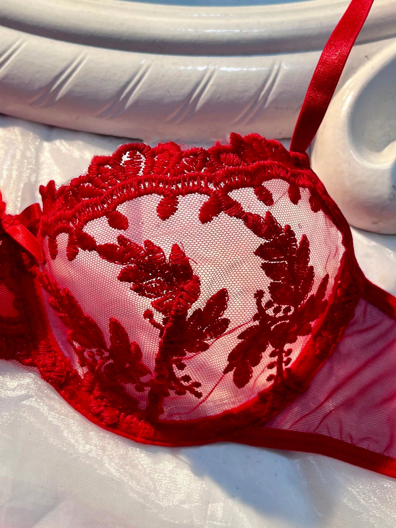 5 pièces/Set Ensemble de lingerie sexy en maille brodée florale pour femmes pour sortir