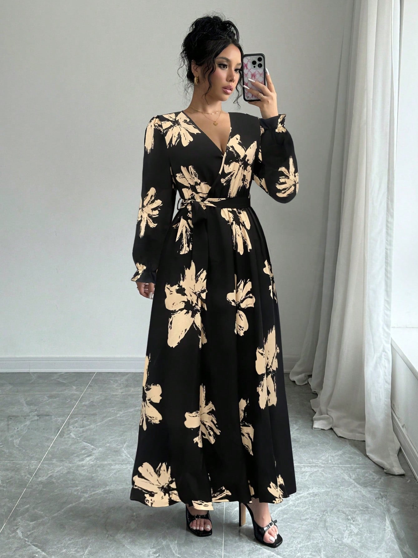 Robe longue évasée femme à encolure en V, manches gigot, taille serrée, automne/hiver