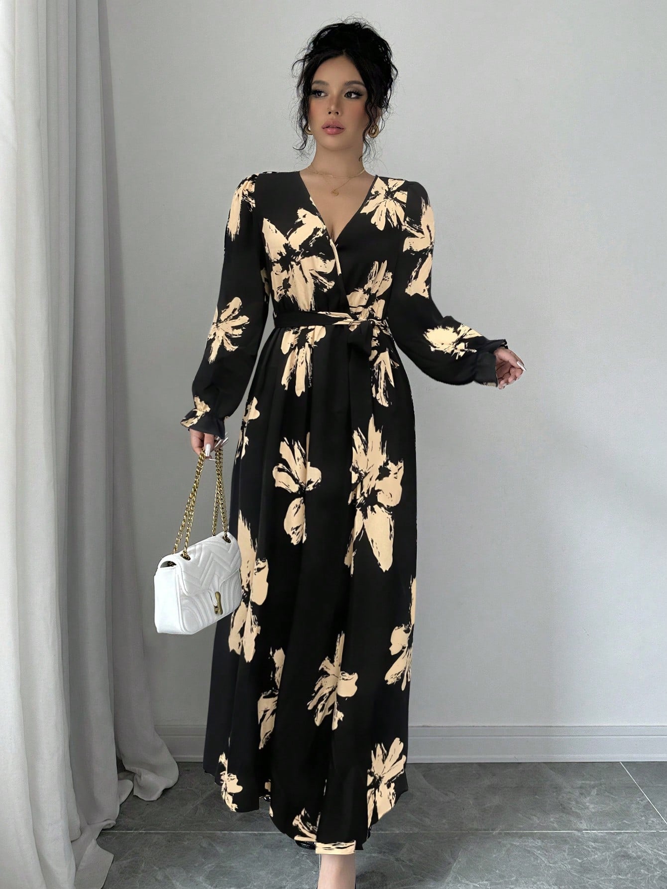 Robe longue évasée femme à encolure en V, manches gigot, taille serrée, automne/hiver