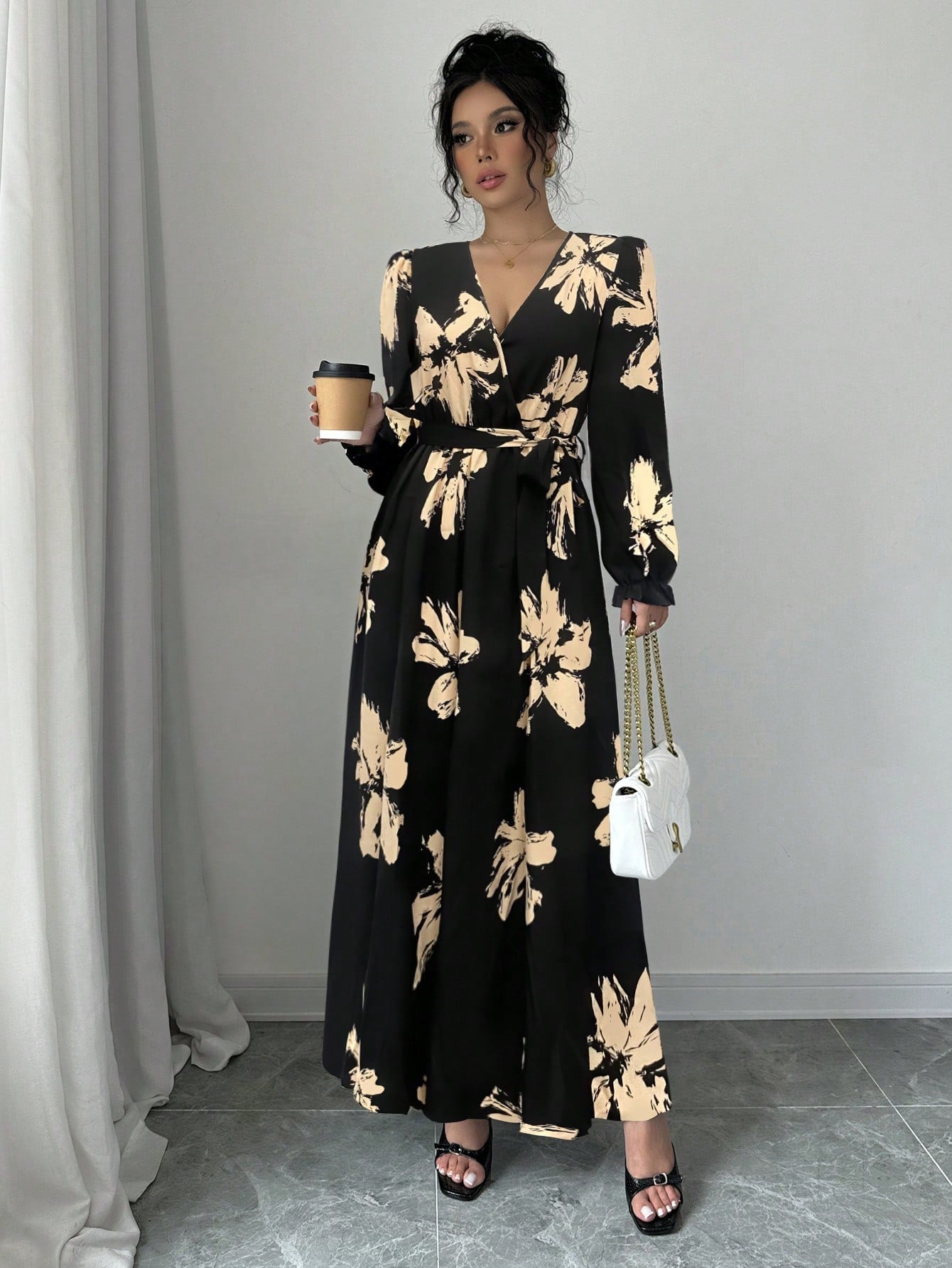 Robe longue évasée femme à encolure en V, manches gigot, taille serrée, automne/hiver