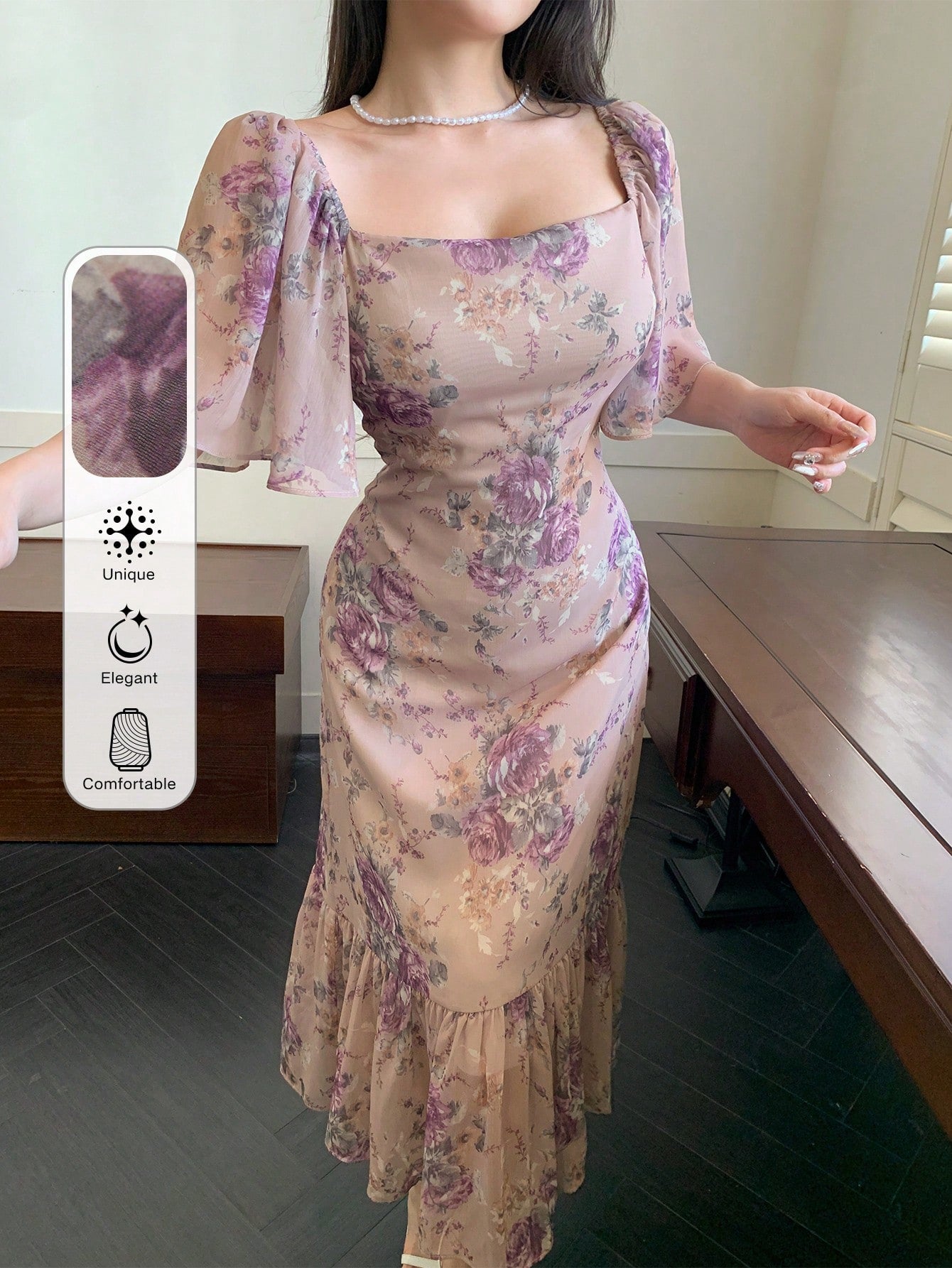 QUEEN Robe midi en mousseline de soie à col carré, volants et imprimé floral élégant. Convient pour la Saint-Valentin, robe de paysanne