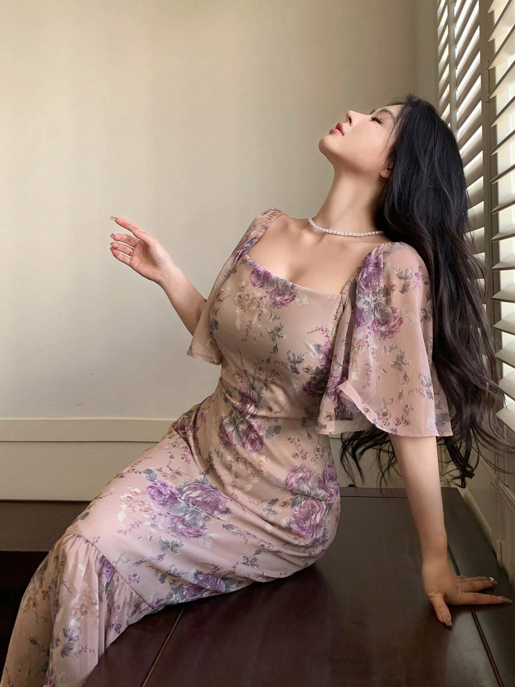 👗 Robe midi femme 🌸 mousseline de soie col carré & volants