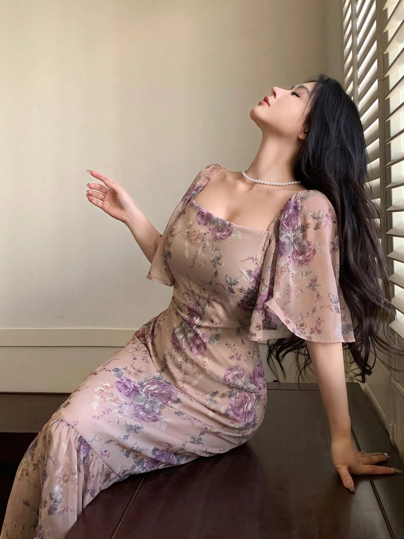 👗 Robe midi femme 🌸 mousseline de soie col carré & volants