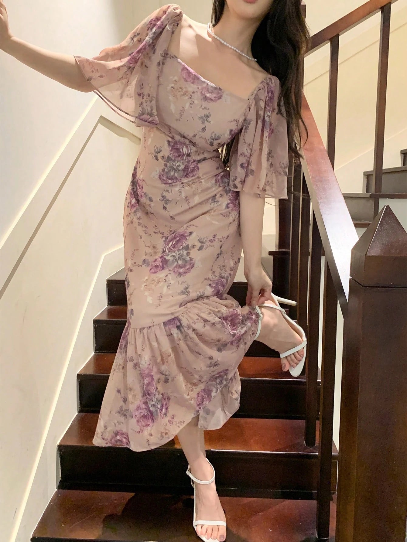 👗 Robe midi femme 🌸 mousseline de soie col carré & volants