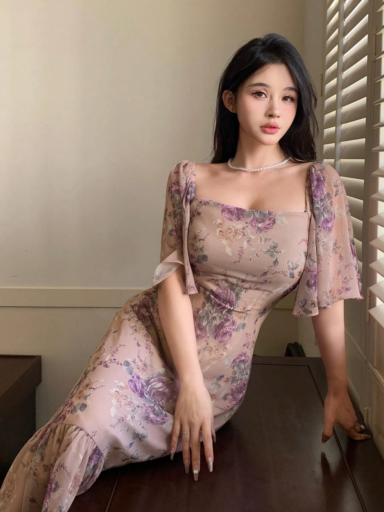 👗 Robe midi femme 🌸 mousseline de soie col carré & volants