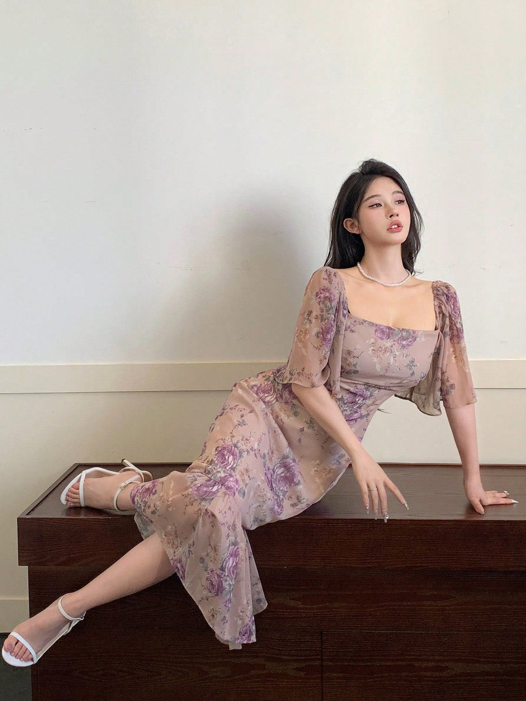 👗 Robe midi femme 🌸 mousseline de soie col carré & volants
