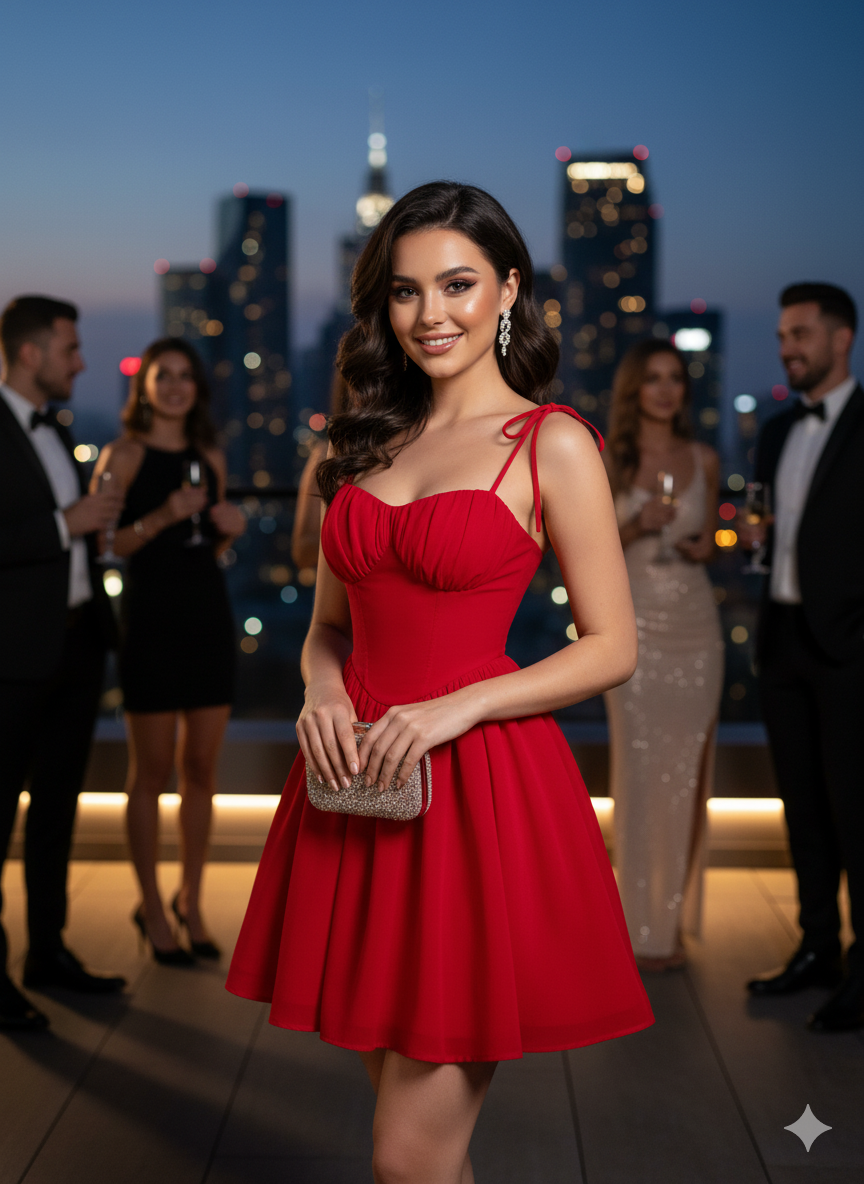 QUEEN MOD Robe De Camisole Solide Rouge Avec Nœud De Soirée De Rencontre, Poitrine Froncée