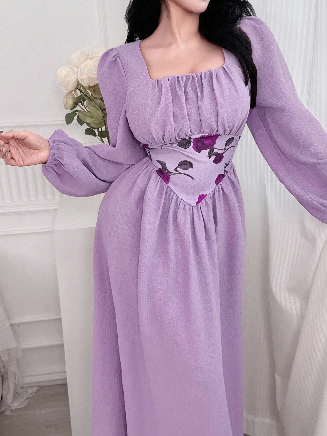 QUEEN Robe élégante à manches lanternes et taille haute à imprimé floral pour femmes