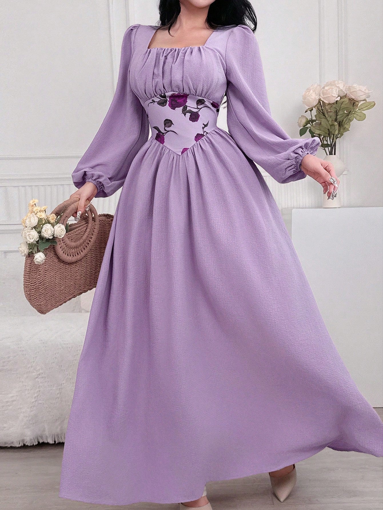 QUEEN Robe élégante à manches lanternes et taille haute à imprimé floral pour femmes