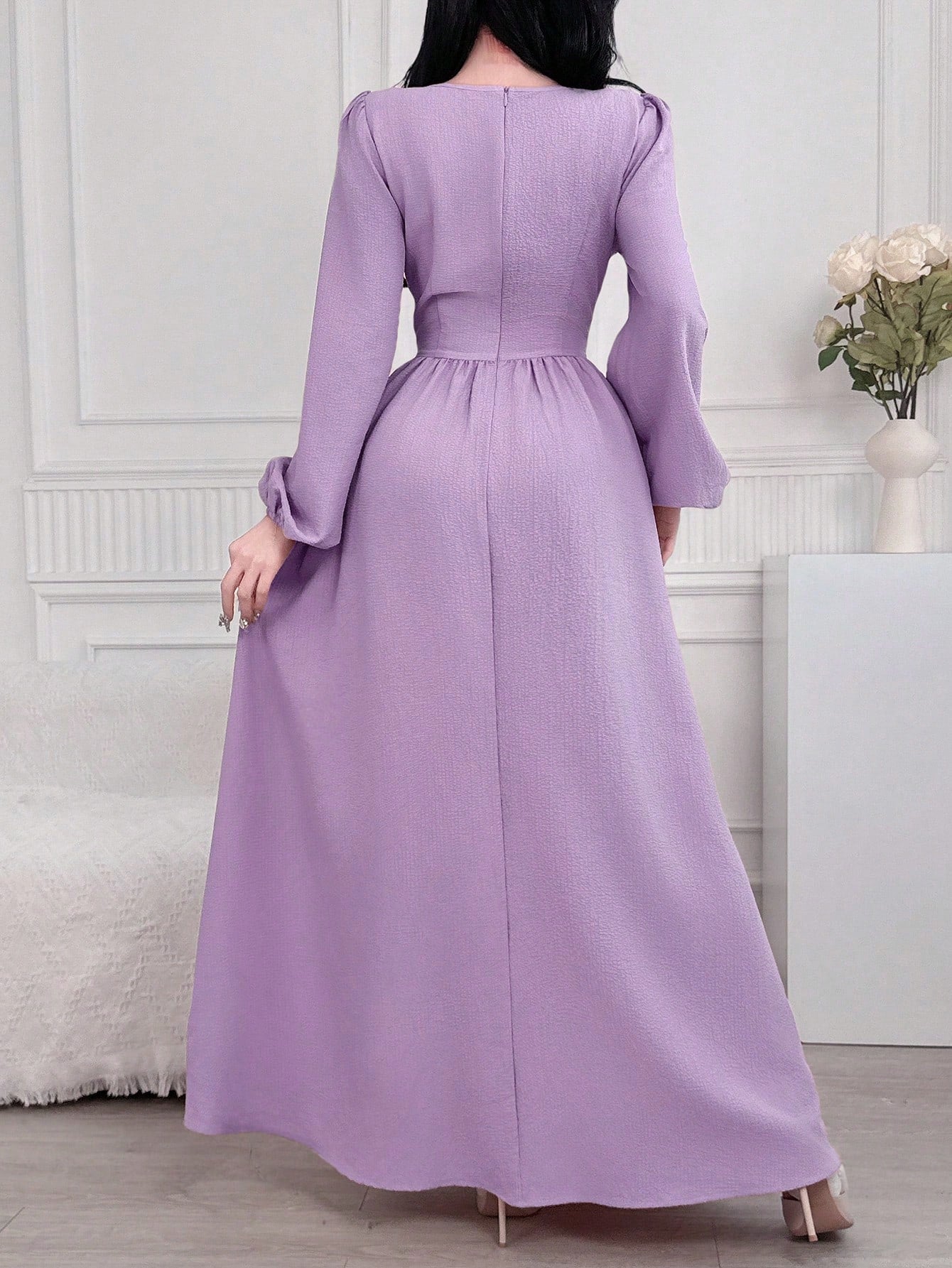 QUEEN Robe élégante à manches lanternes et taille haute à imprimé floral pour femmes