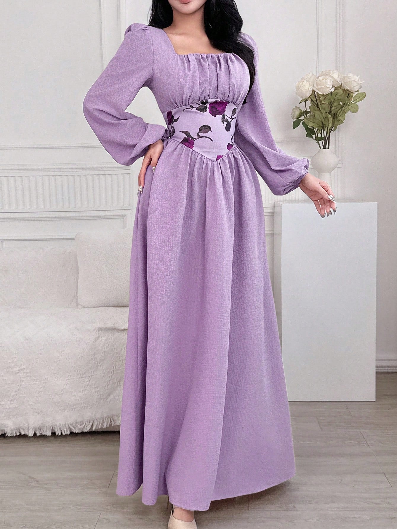 QUEEN Robe élégante à manches lanternes et taille haute à imprimé floral pour femmes