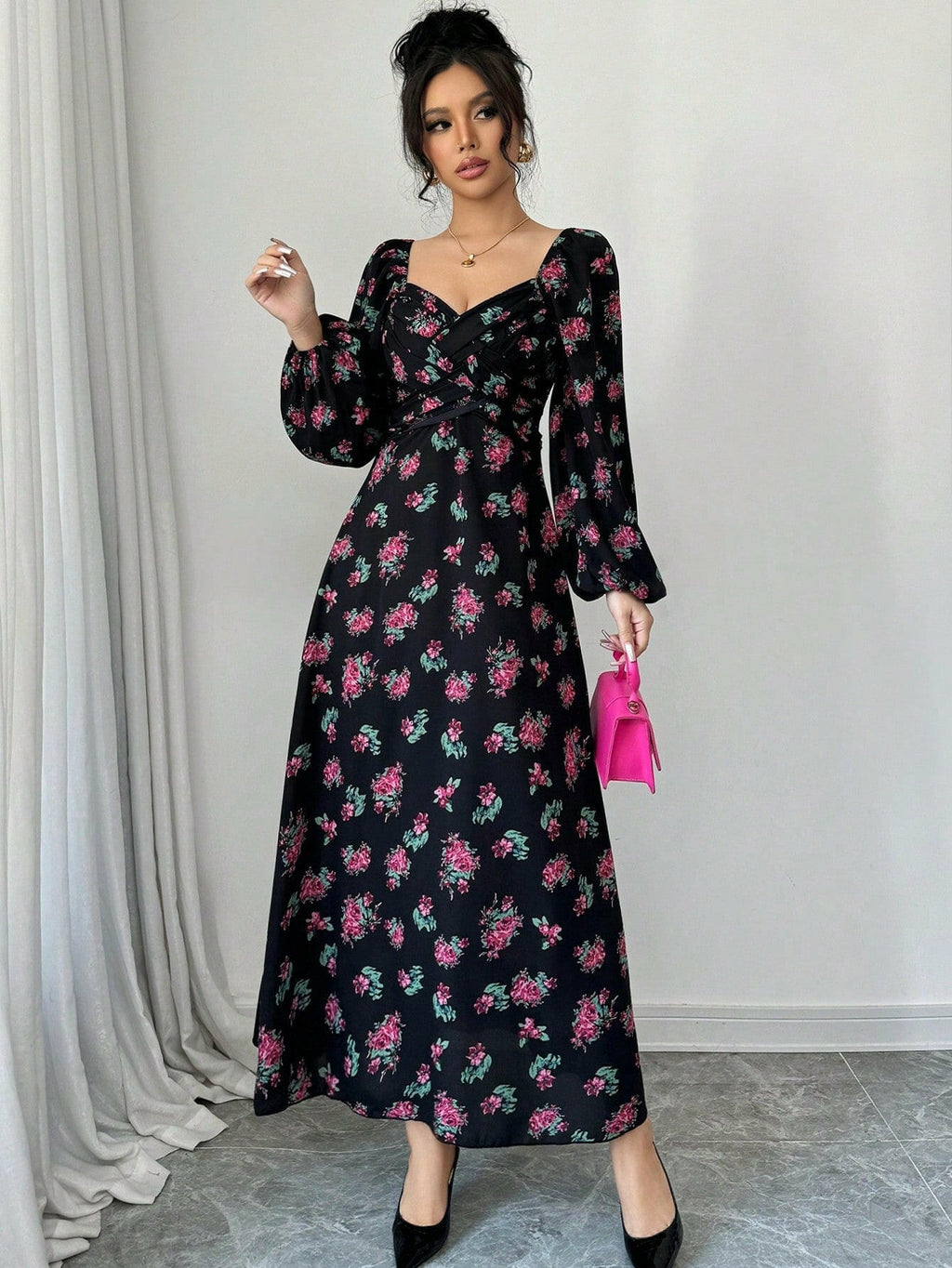 🌸 Robe femme fleurie casual – manches longues & col cœur 💕