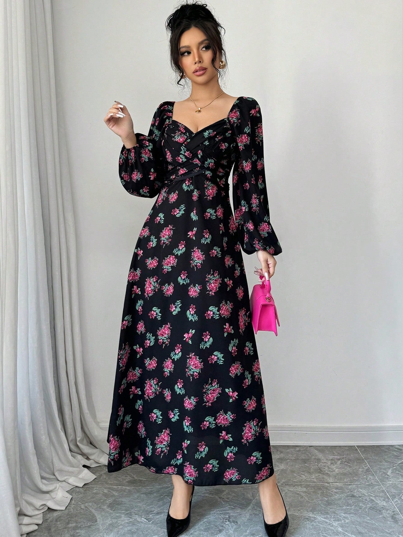 Robe casual à manches longues avec col en cœur et imprimé floral sur toute la surface pour femmes