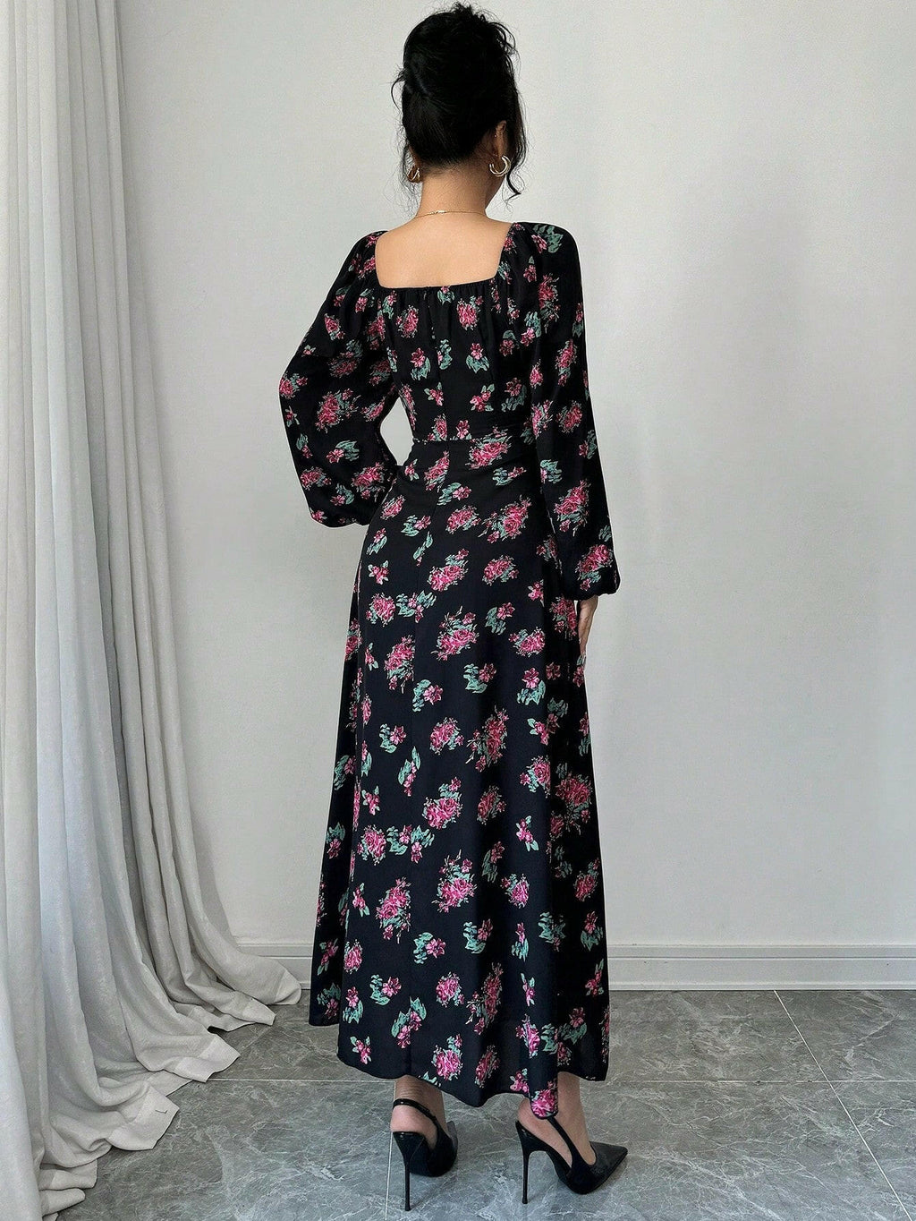 🌸 Robe femme fleurie casual – manches longues & col cœur 💕