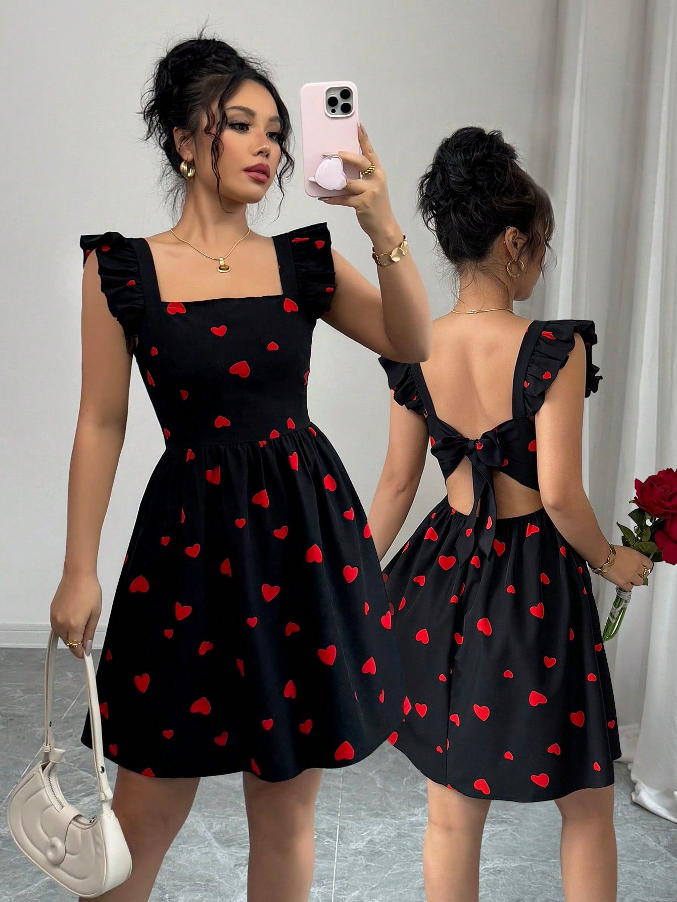 Robe mini dos nu à manches capsule avec imprimé cœur aléatoire élégant