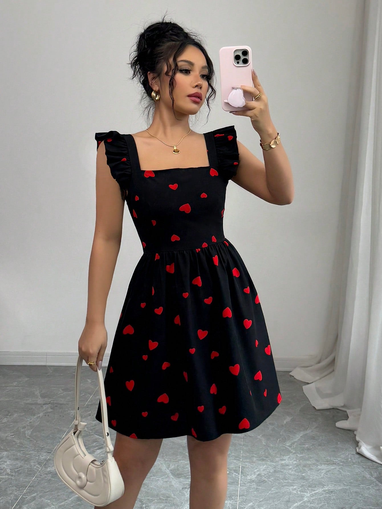 Robe mini dos nu à manches capsule avec imprimé cœur aléatoire élégant