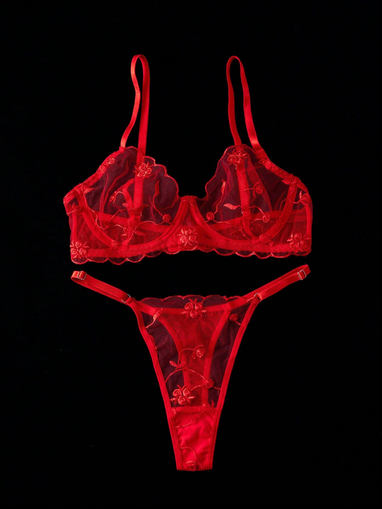 2 pièces Ensemble de soutien-gorge transparent avec armatures et strings brodés