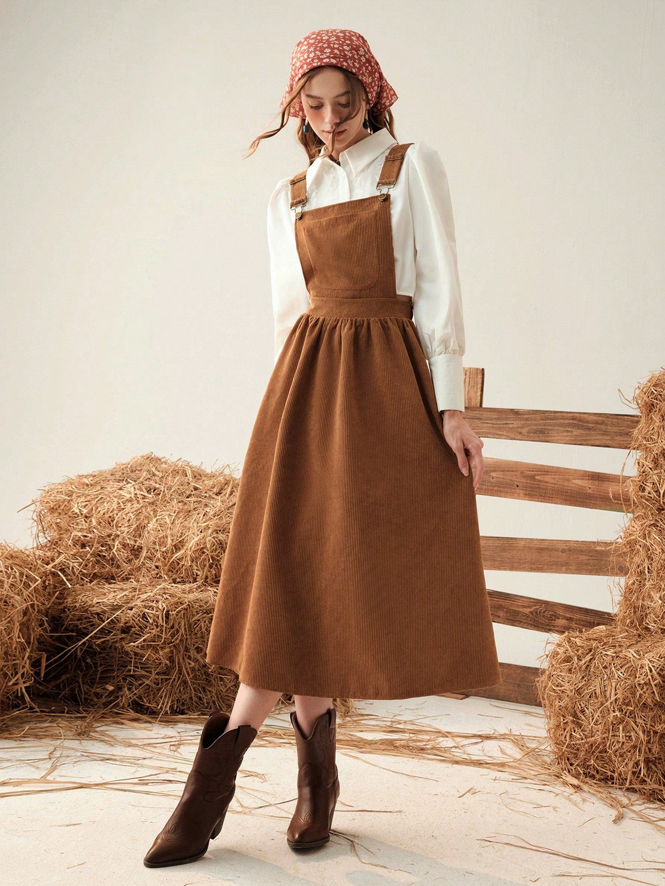 QUEEN MOD Robe Salopette Unicolore En Velours Côtelé Sans Chemise