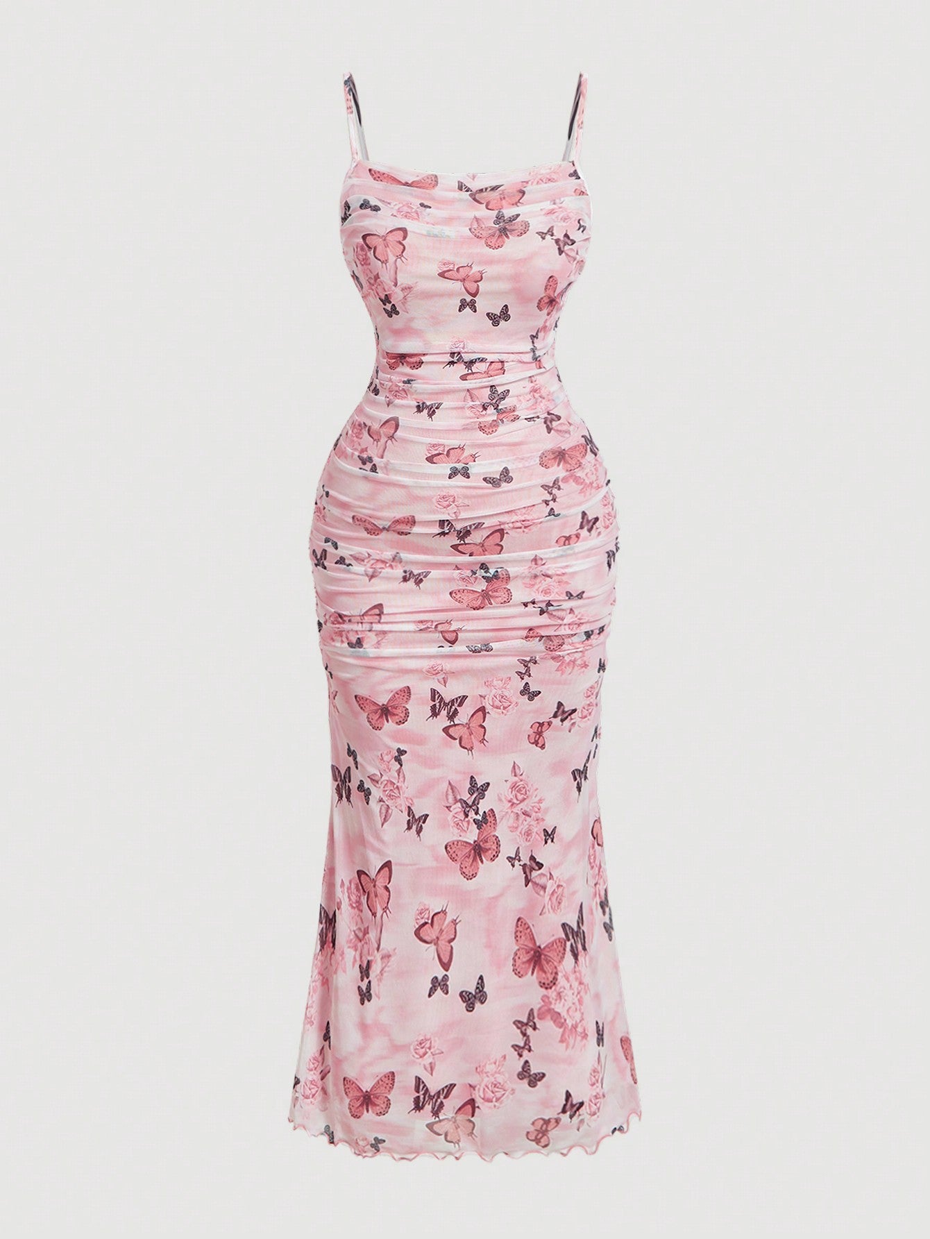 QUEEN MOD Robe d'été rose grande taille imprimé papillon romantique et mignonne, tenue de brunch, robe d'invitée de mariage, robe de soirée pour rendez-vous galant