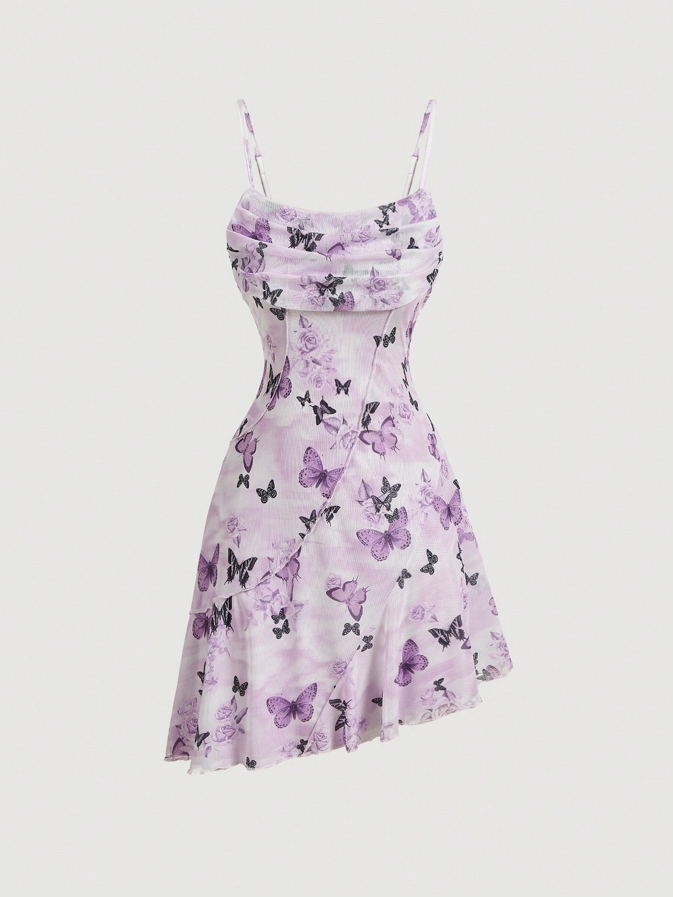 QUEEN MOD Robe d'été sans manches à ourlet asymétrique avec motif papillon vintage violet