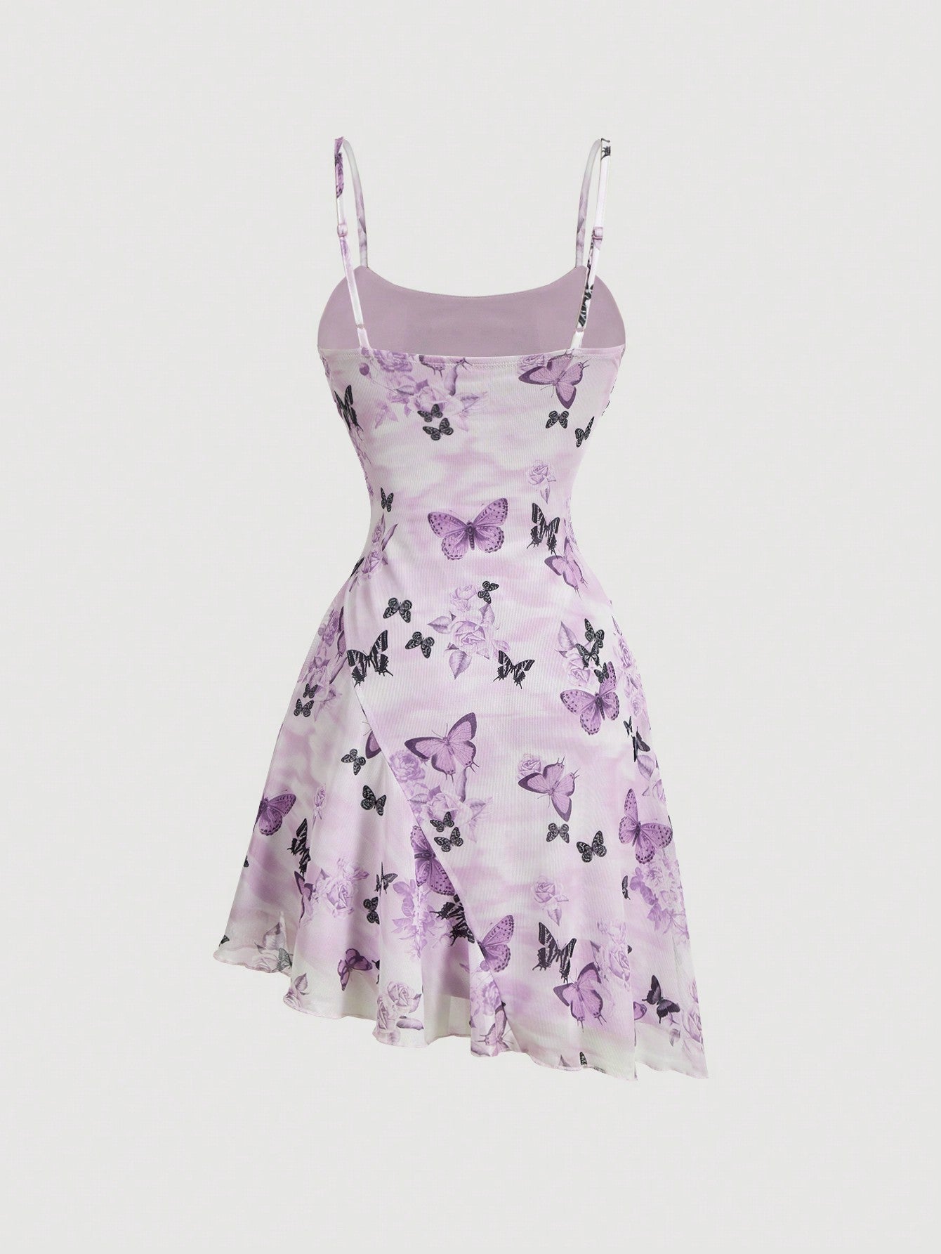 QUEEN MOD Robe d'été sans manches à ourlet asymétrique avec motif papillon vintage violet