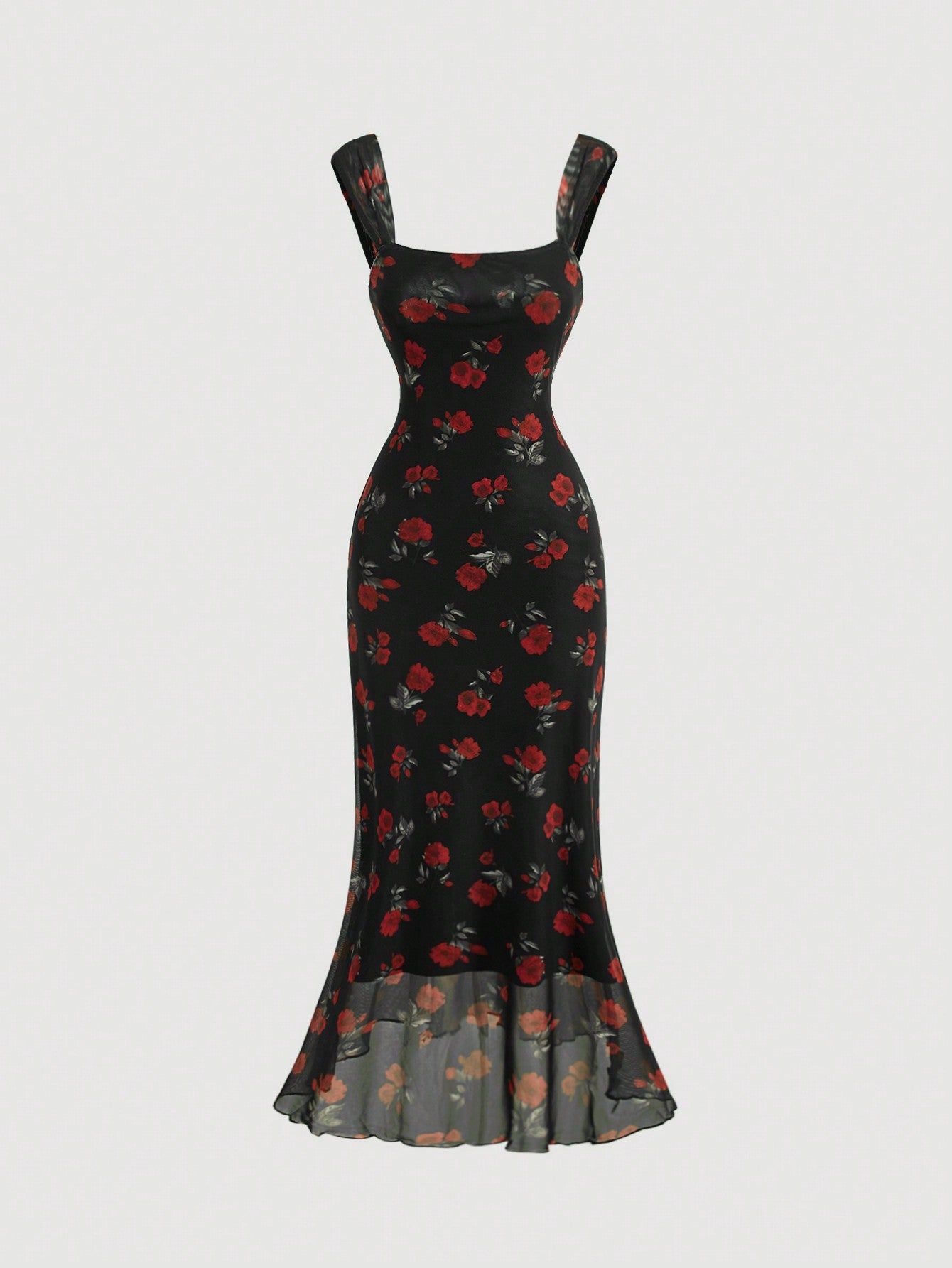 Robe moulante mi-longue d'été avec un décolleté carré, style floral rétro