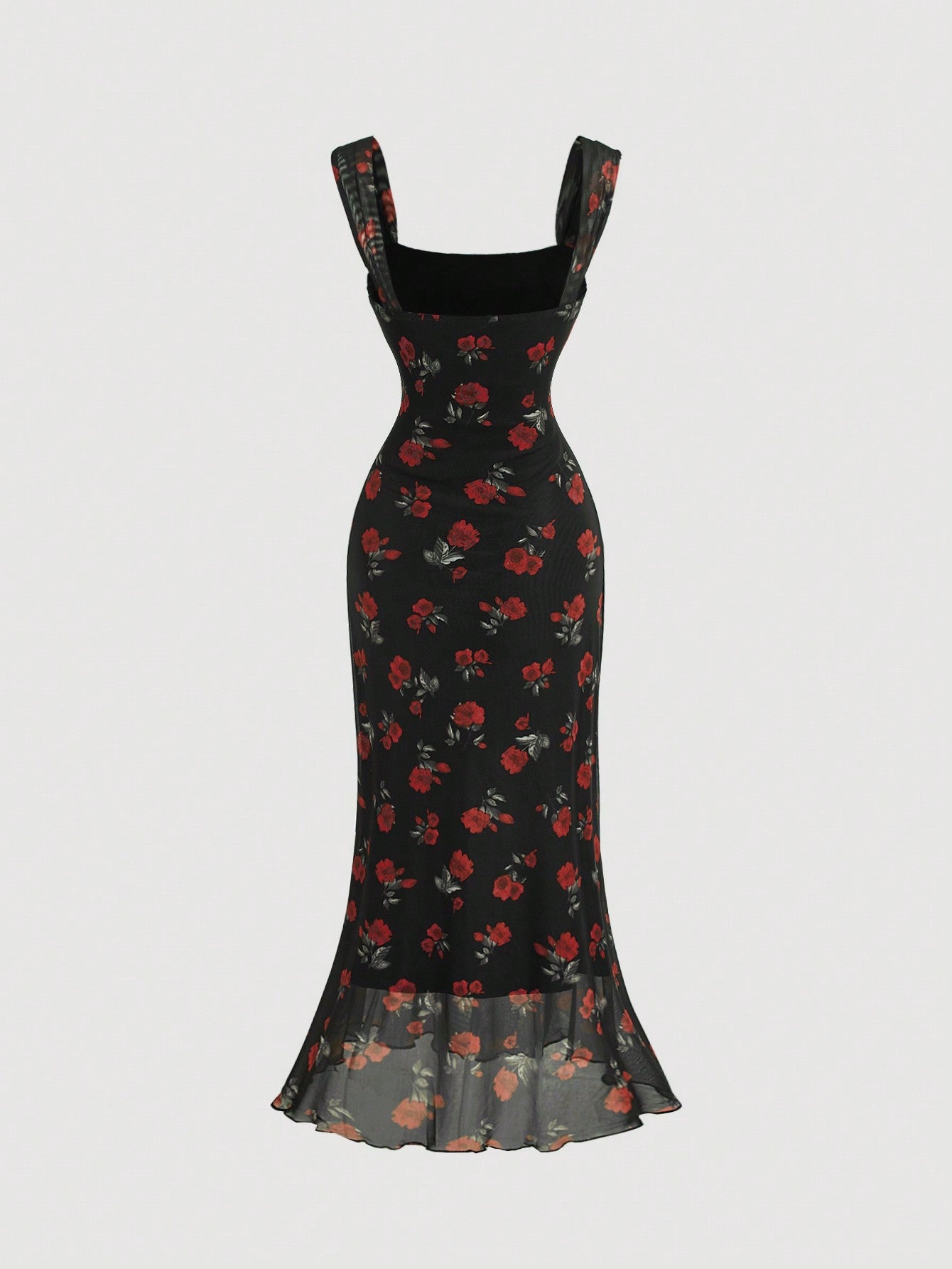 Robe moulante mi-longue d'été avec un décolleté carré, style floral rétro