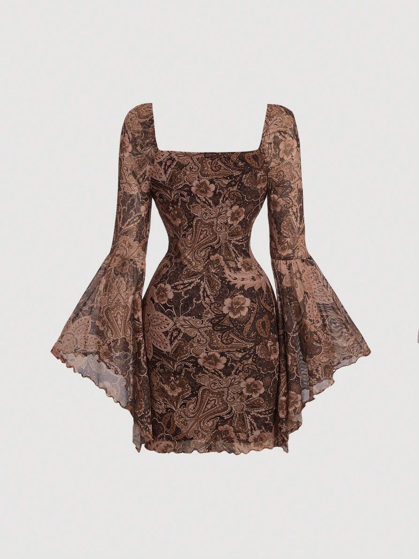 QueenCloset MOD Robe vintage à manches évasées avec imprimé floral et cachemire pour femmes