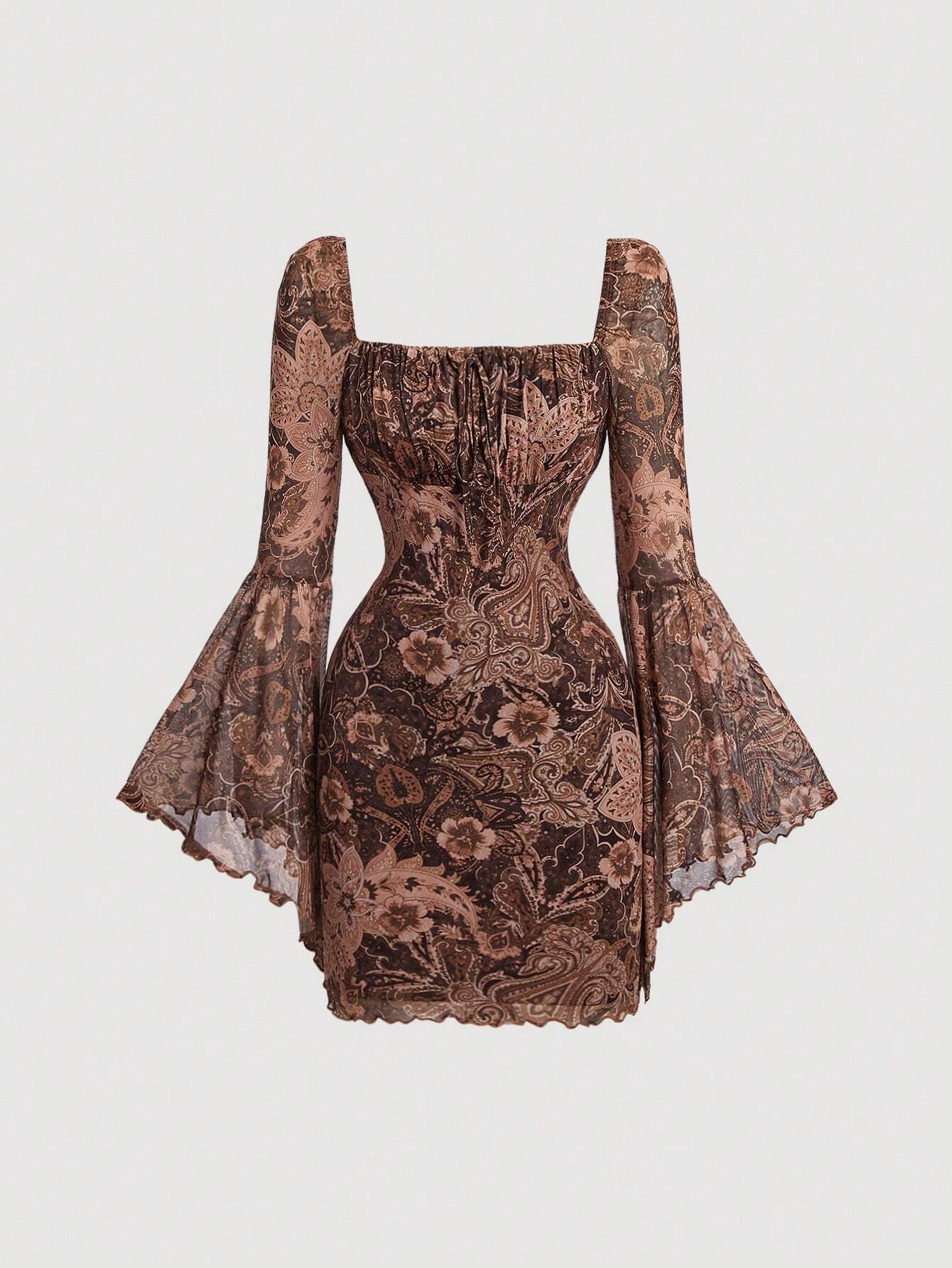 QueenCloset MOD Robe vintage à manches évasées avec imprimé floral et cachemire pour femmes