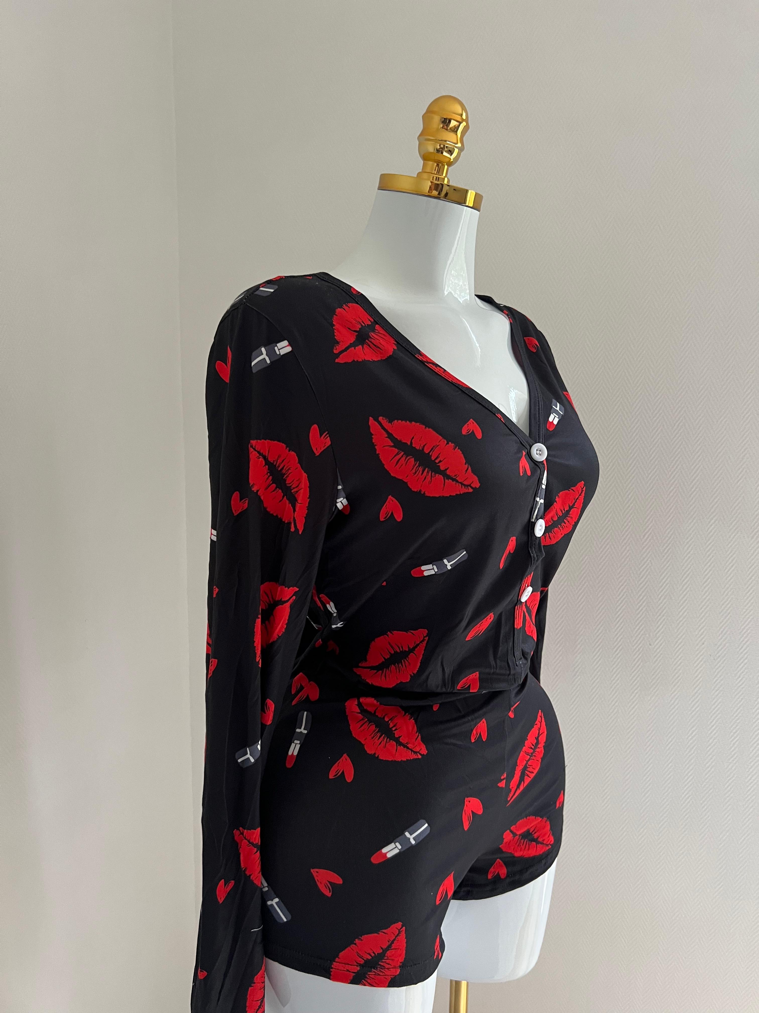 💋 Pyjama noir “Kiss Me” sexy & tendance 🖤